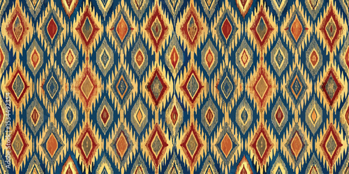 Vibrant blue and red geometric pattern with diamond shapes and intricate details.