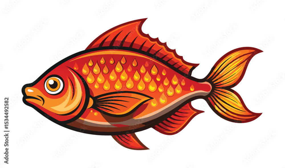Fototapeta premium CartoonStyle Golden Fish Illustration with Detailed Fins and TearShaped Scale Pattern