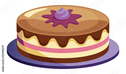 Colorful Cartoon Cake with Chocolate Drizzle and Purple Topping on a Purple Plate