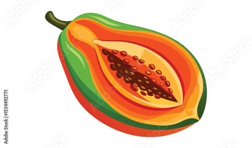 Colorful HalfCut Papaya Illustration with Seeds and Peel on White Background