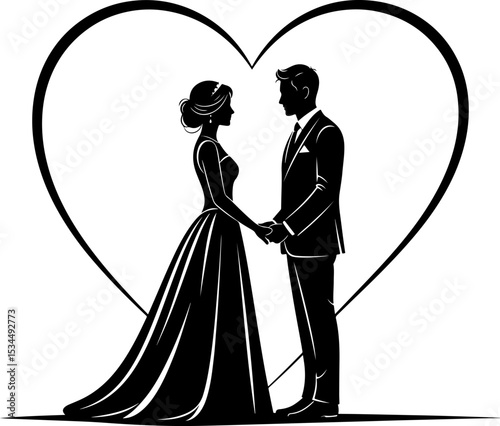 Elegant silhouette vector illustration of a couple on their wedding day, capturing the bride and groom in a loving pose