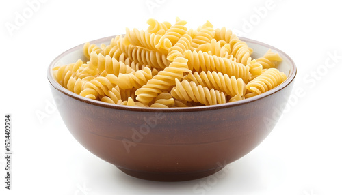Bowl of raw fusilli pasta isolated on white background