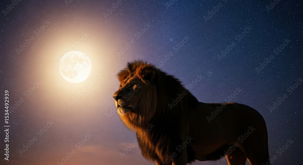 Naklejka premium Majestic Lion Under the Night Sky - A powerful lion stands silhouetted against a large moon and starry night sky. A beautiful and serene wildlife