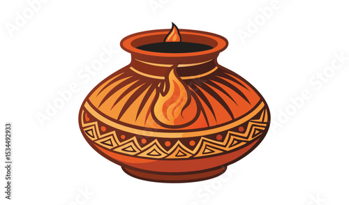 Decorative Clay Pot with Ethnic Patterns and Burning Candle Inside, Isolated on White