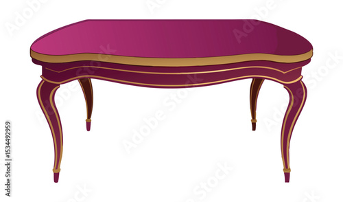 Decorative Burgundy Table with Golden Accents and Cabriole Legs, Isolated on White Background