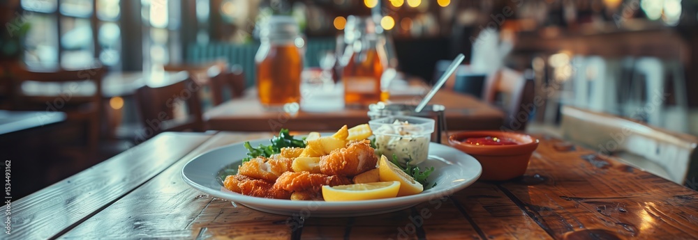 Fototapeta premium A vibrant plate of fried fish with sides of fresh lemon, coleslaw, and dipping sauces on a rustic wooden table.