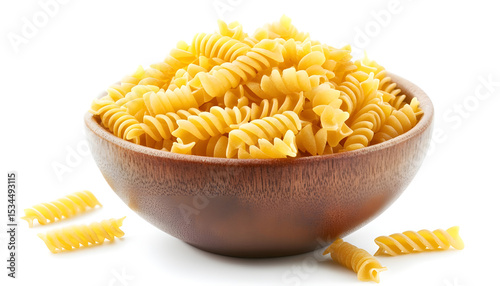 Bowl of raw fusilli pasta isolated on white background