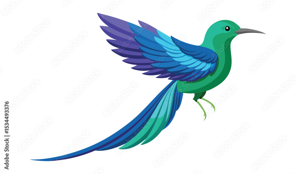 Obraz premium Emerald Hummingbird with Blue Wings and Tail Feathers in Flight, Isolated Illustration