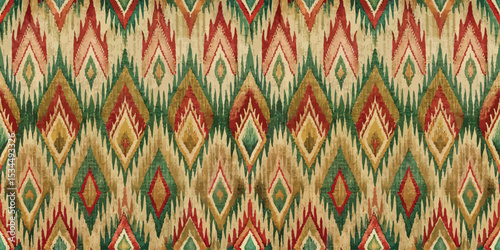 Vibrant geometric pattern in red, green, and gold hues.