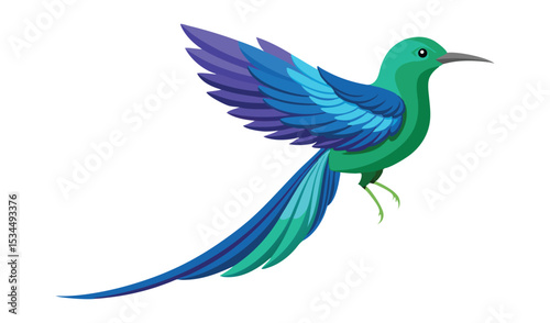 Emerald Hummingbird with Blue Wings and Tail Feathers in Flight, Isolated Illustration