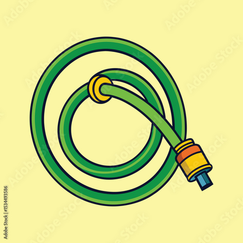Colorful and Coiled Green Garden Hose with Yellow Accents on Pale Yellow