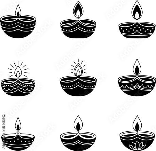 Collection of stylized Indian diya lamps, perfect for Diwali celebrations.