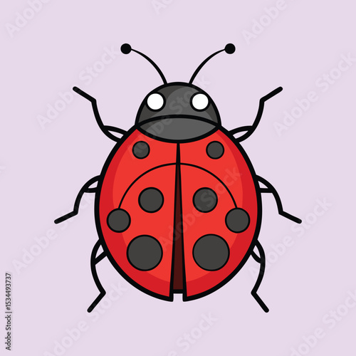 Cartoon Ladybug with Black Spots and a Cheerful Expression over violet background