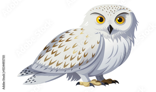 Illustrated Snowy Owl With Golden Eyes and Brown Markings on a White Background