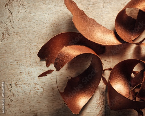 Copper-toned wood shavings arranged on a distressed surface.