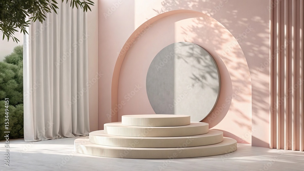 Obraz premium Beige tiered display platform pastel pink arched wall background