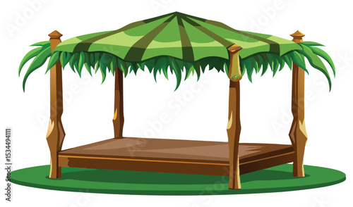 Isolated Cartoon Gazebo on Green Grass Platform with Green Canopy and Wooden Supports