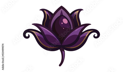 Isolated drawing of a stylized purple flower with gold accents and a gem center
