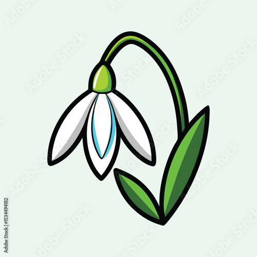 Cartoon Snowdrop Flower with Green Leaves Against Light Blue Background
