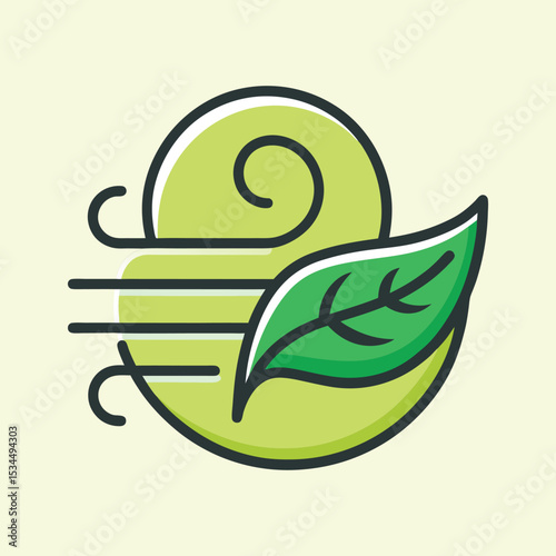 Stylized vector graphic depicts fresh wind and a single green leaf.