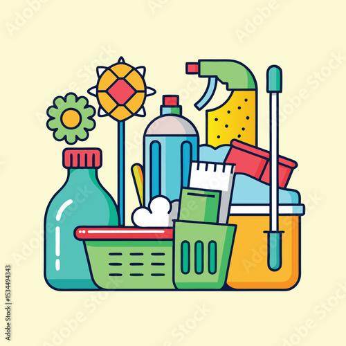 Colorful illustration of cleaning supplies in a vibrant and playful style