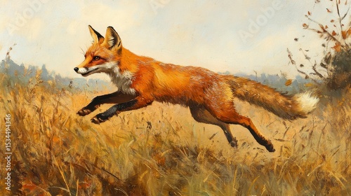 Red fox leaping across a golden field of tall grass.