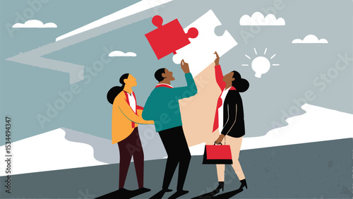 Teamwork and collaboration are essential for business success as individuals connect puzzle pieces to bring the vision into focus and establish solutions.