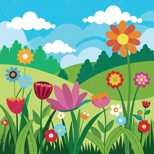 Vibrant Cartoon Flower Garden with Rolling Hills and Fluffy White Clouds