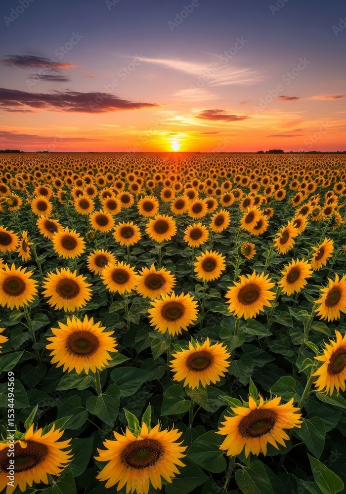 Obraz premium Sunflowers at Sunset - A breathtaking view of a vast sunflower field at sunset. The vibrant colors of the sunset reflect on the sunflowers, creating a scene of natural beauty, serenity, and abundance.