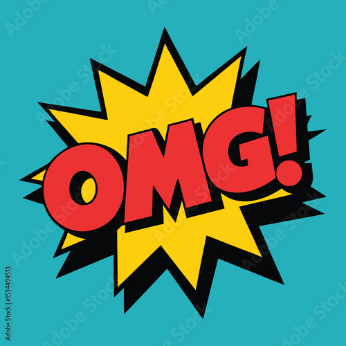 Bold comic book pop art style graphic illustration with the word omg and a starburst background