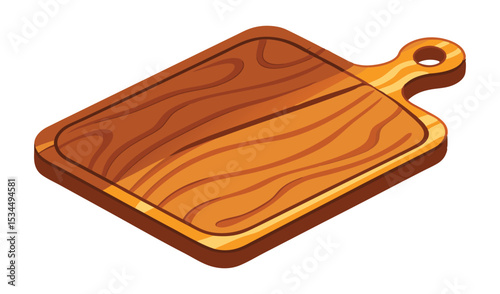 Isometric Illustration Brown Wooden Cutting Board with Handle and Hole Detail Depicted