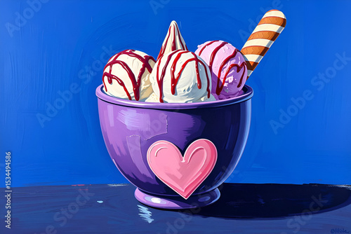Stylized painting of ice cream: three scoops (white, pink, lavender) with red drizzle, cone, striped stick in purple bowl with pink heart. Bold colors, blue background.