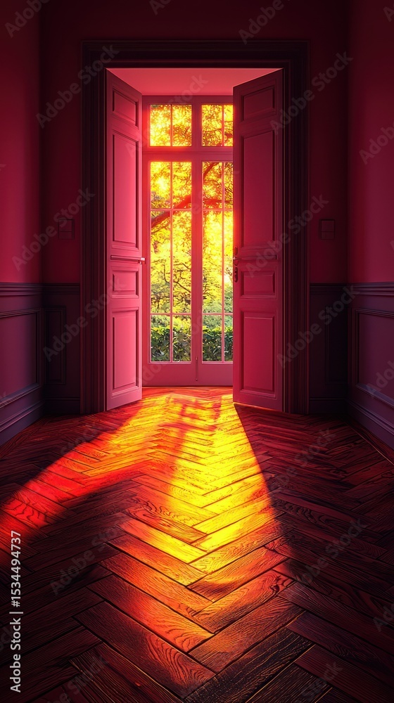 Fototapeta premium Open doors, sunlight streaming onto a wood floor