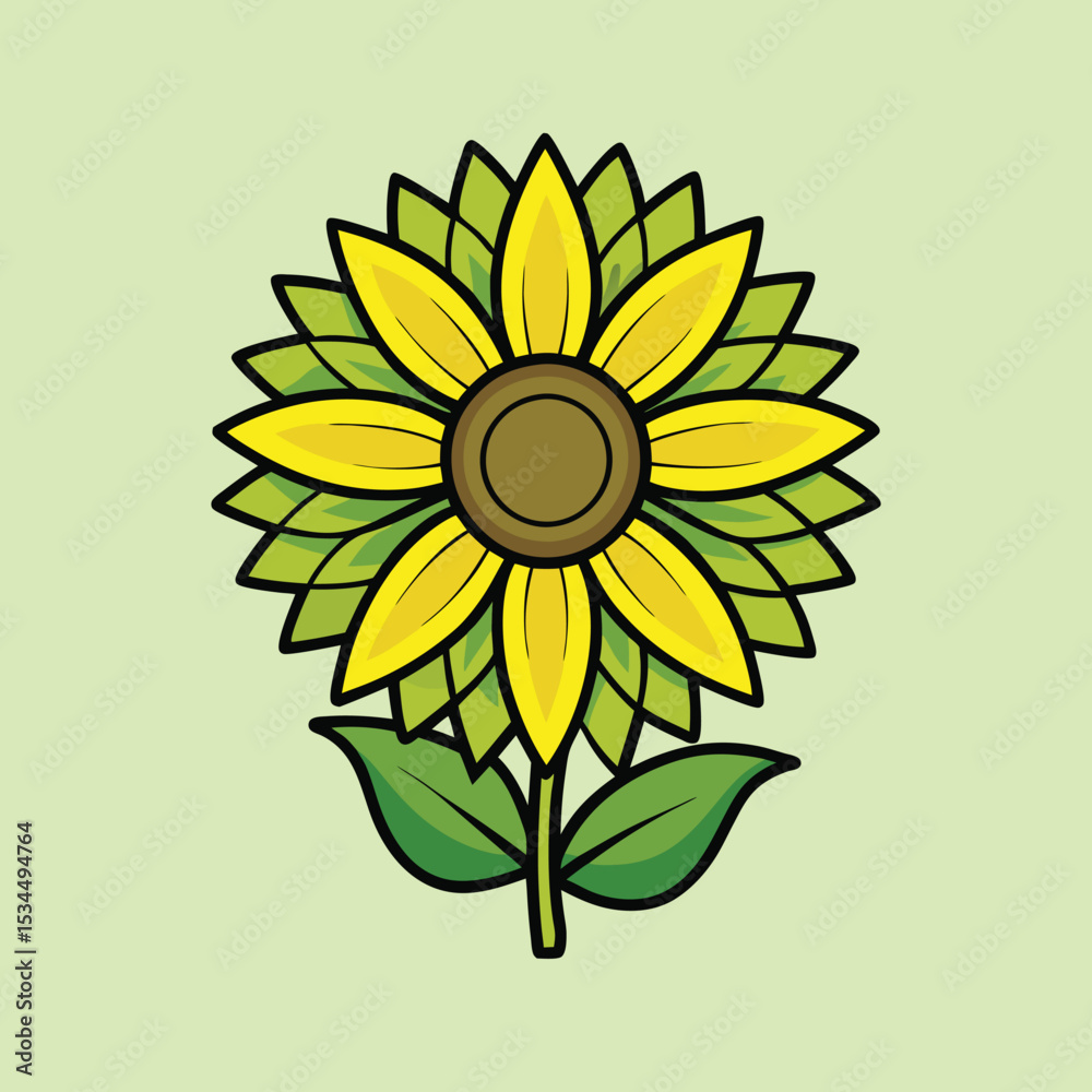 Fototapeta premium Cartoon Sunflower Illustration with Black Outlines and Green Pastel Background