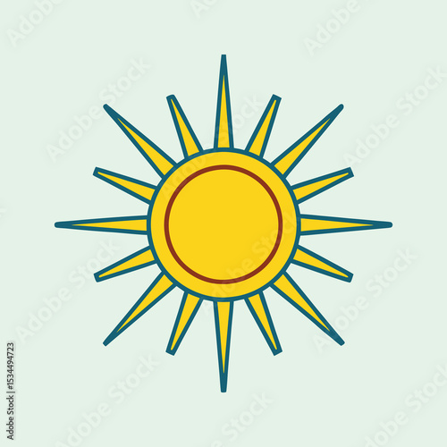 Yellow sun with teal trim and light green background is shining brightly