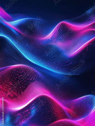 Abstract background of modern tech gradient waves in blue and pink hues, technology, modern, abstract, background, waves. Dynamic abstract light trails in neon pink and blue hues.