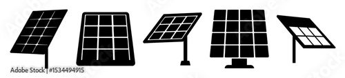 Black and white illustration of multiple solar panels in different orientations