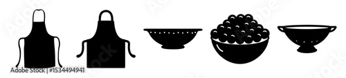 Minimalist Kitchen Utensils featuring Aprons, Bowls and Colanders in Black Silhouette