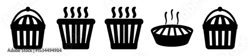 Black and White Vector Illustration of Trash Cans and Hot Food Bowls