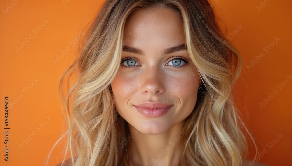 Naklejka premium Close-up portrait of beautiful woman. She has wavy blonde hair, blue eyes, orange background. Attractive stylish model demonstrates natural beauty, fashion style. Studio shot.