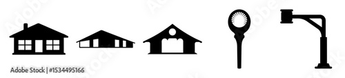 Simple black and white drawings of houses, a lamp, and a light post