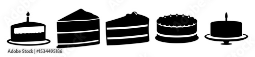 Silhouetted Variety of Delicious Cakes and Cake Slices on a White Background