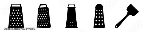 A set of black and white vector images featuring kitchen graters and spatula