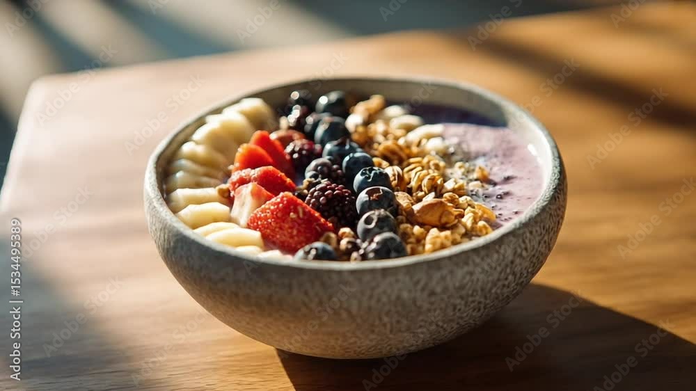 Colorful smoothie bowl with fruits and granola on table
