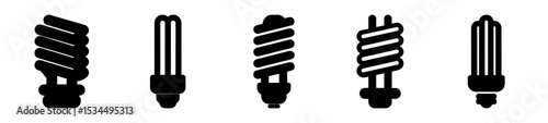 Set of five different black compact fluorescent lamps on white background