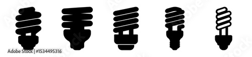 Black silhouette illustrations of various compact fluorescent light bulbs against white backdrop