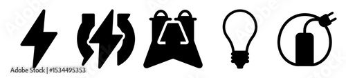 Various black and white electrical icons of electricity and power sources