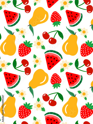 summer fruit and flowers seamless pattern bright watermelon strawberry pear and cherry design for textiles fashion web decor white background