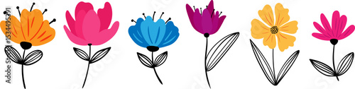 abstract flower clipart in modern minimal style colorful hand drawn floral elements black linear leaves bold spring summer bouquet set elements design print