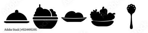 Black Silhouette Icons of Dinnerware, Fruit Bowls, and Cutlery Isolated on White
